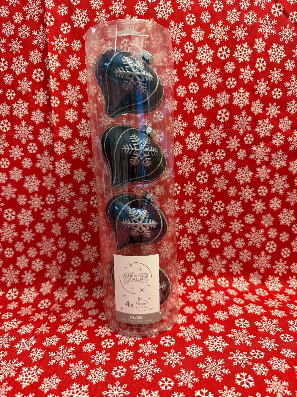 Blue Heart Glass Ornament Set with Silver Snowflake Detail - 4 Pack